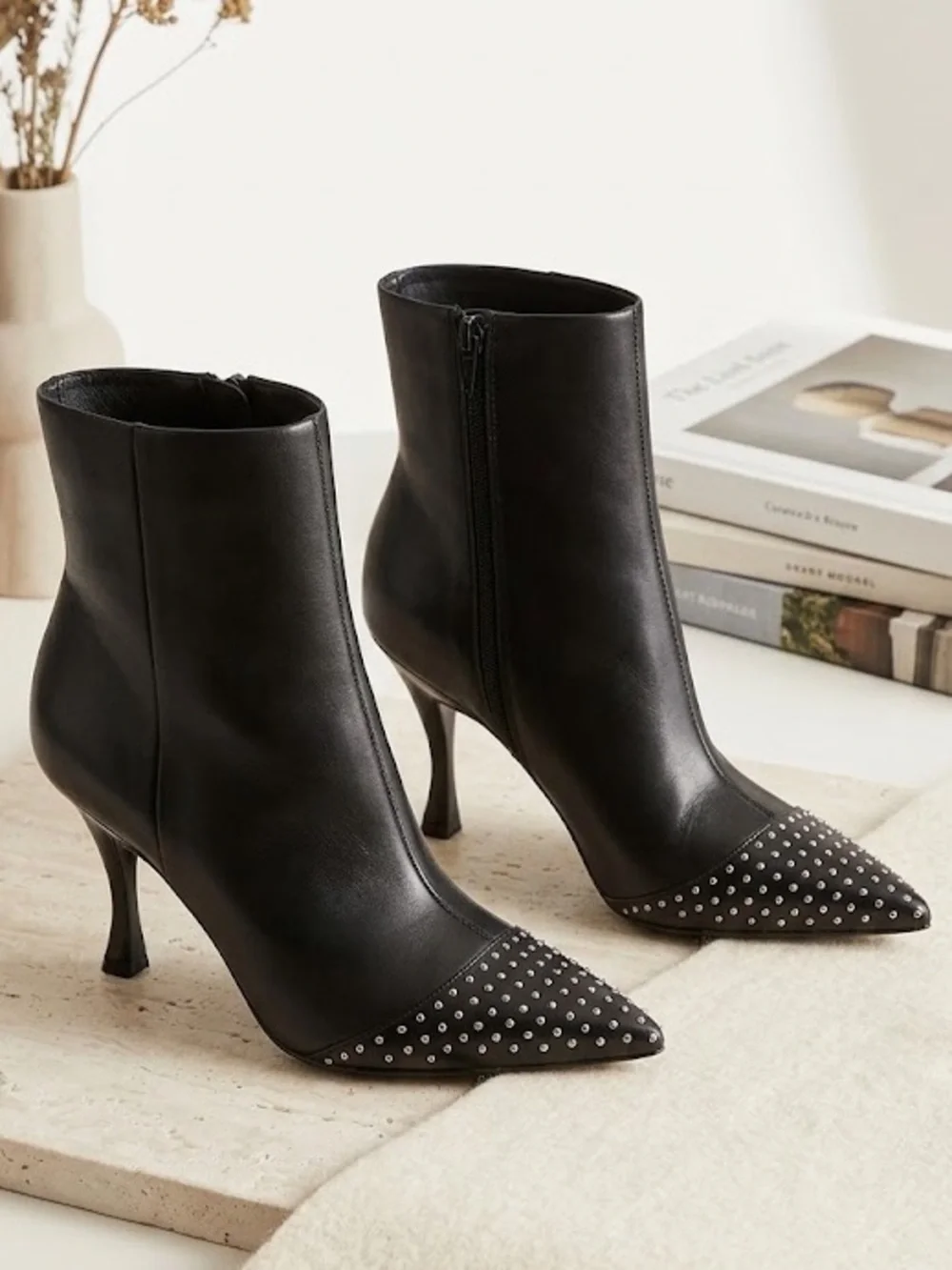 NEW Nine West Black Faux Leather Studded Pointed Toe Ankle Booties Size 8.5M